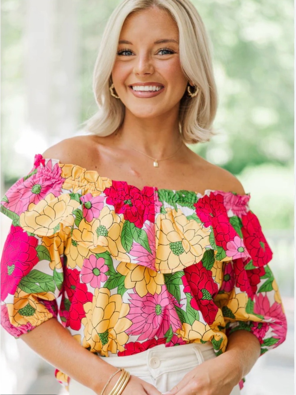 Gorgeous! Retro Floral Off Shoulder Oversized Ruffle Collar Puff Sleeve Large